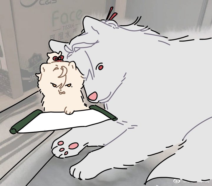 a cartoon illustration of two fluffy dogs, one white and one cream, are playing and enjoying each other's company. the white dog is sitting with its legs stretched out and the cream dog is sitting on its lap, looking at a scroll of paper, maybe drawing or writing on it. it’s a cute and friendly scene, depicting the bond between the two dogs.