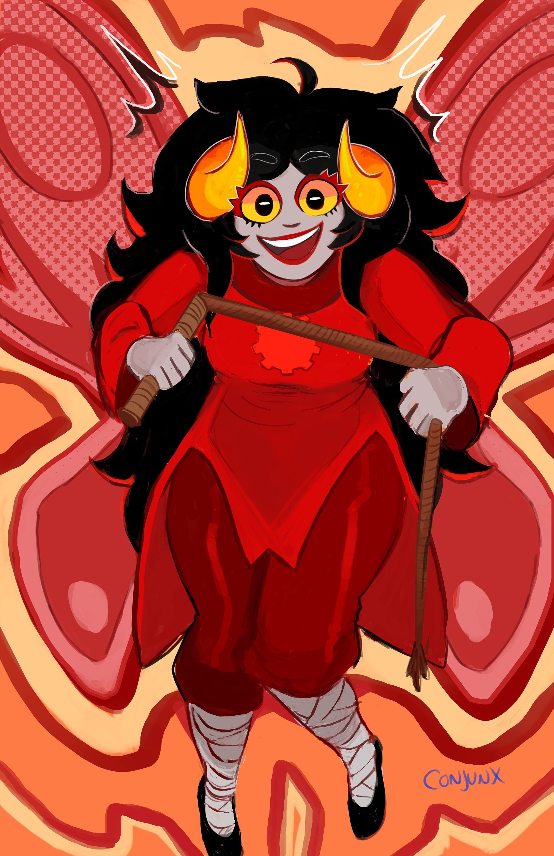 a digital drawing of aranea serket, a troll from the webcomic homestuck. she is wearing a red dress and has black hair with yellow horns. she is holding a whip. the background is red and orange.