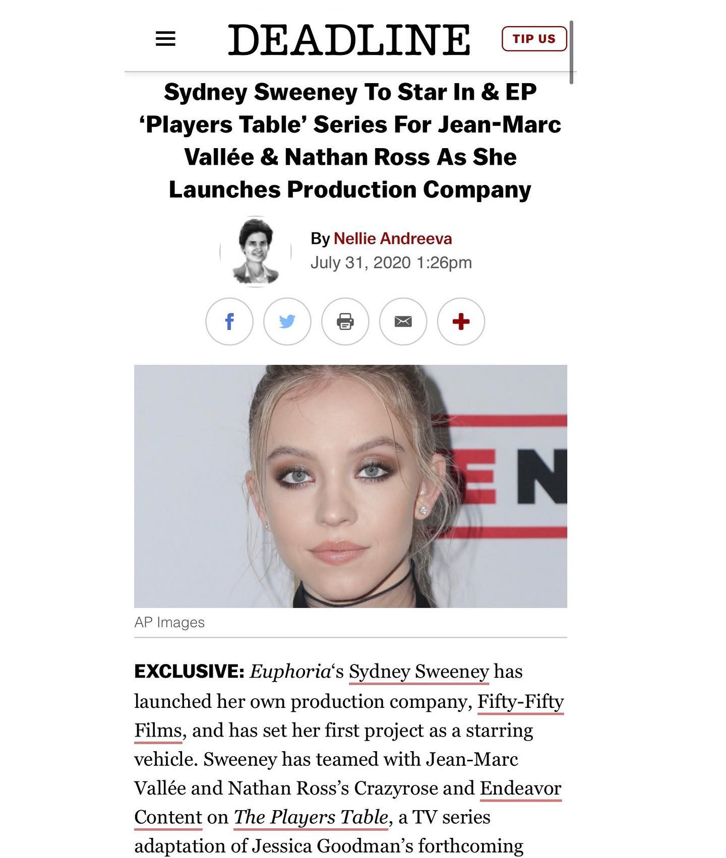 the image is a screenshot of an article from deadline.com, an entertainment news website.  the article announces that actress sydney sweeney (known for her role in "euphoria") has launched her own production company, fiftyfifty films, and will star in and executive produce a tv series adaptation of jessica goodman's book, "the players table."  the series is being produced in collaboration with jeanmarc vallée and nathan ross's production company, crazyrose, and endeavor content. the article includes a headshot of sydney sweeney.