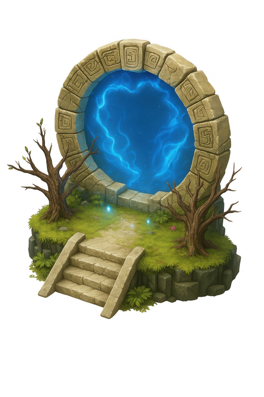 an illustration of a magical portal surrounded by a stone archway with ancient runes carved into its surface. the portal glows with blue energy, suggesting a connection to another world or dimension. the portal is situated on a small patch of green landscape with trees and a stone path leading up to it via a set of steps. the overall scene is reminiscent of fantasy game art or illustrations.