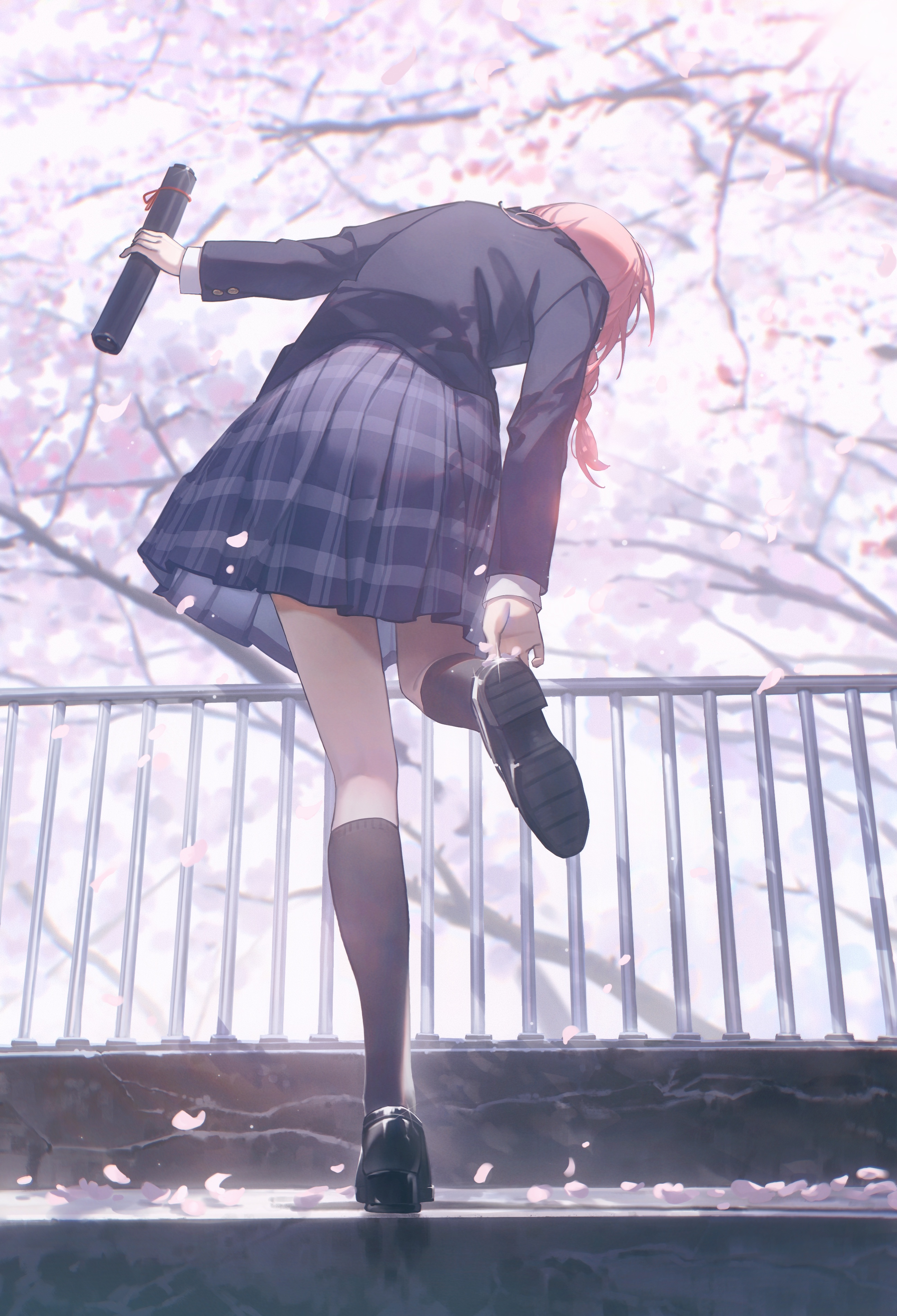 an anime style image of a girl in a school uniform running on a bridge, with cherry blossoms in the background. she is holding a diploma and her skirt is blowing in the wind as she runs. she is wearing knee socks and school shoes.