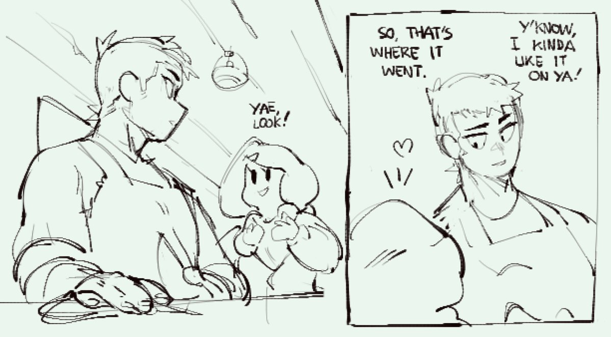 the image is a comic panel with two characters talking to each other. the male character on the left is saying "yae, look!" and the male character on the right is saying "so, that's where it went. y'know, i kinda uke it on ya!". the female character in the background is standing with her arms crossed and a shocked expression on her face. the characters are drawn in a manga style.