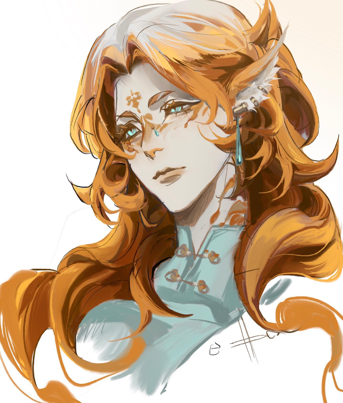 the image depicts a headandshoulders portrait of a male elf with flowing, vibrant orange hair that cascades down past his shoulders. he has striking green eyes with white markings underneath, reminiscent of celestial patterns. he wears a teal garment with intricate gold fastenings, hinting at elaborate attire. a single, dangling earring adorns his left ear, adding a touch of elegance to his appearance. the art style is painterly and expressive, with a focus on capturing the ethereal beauty of the subject.