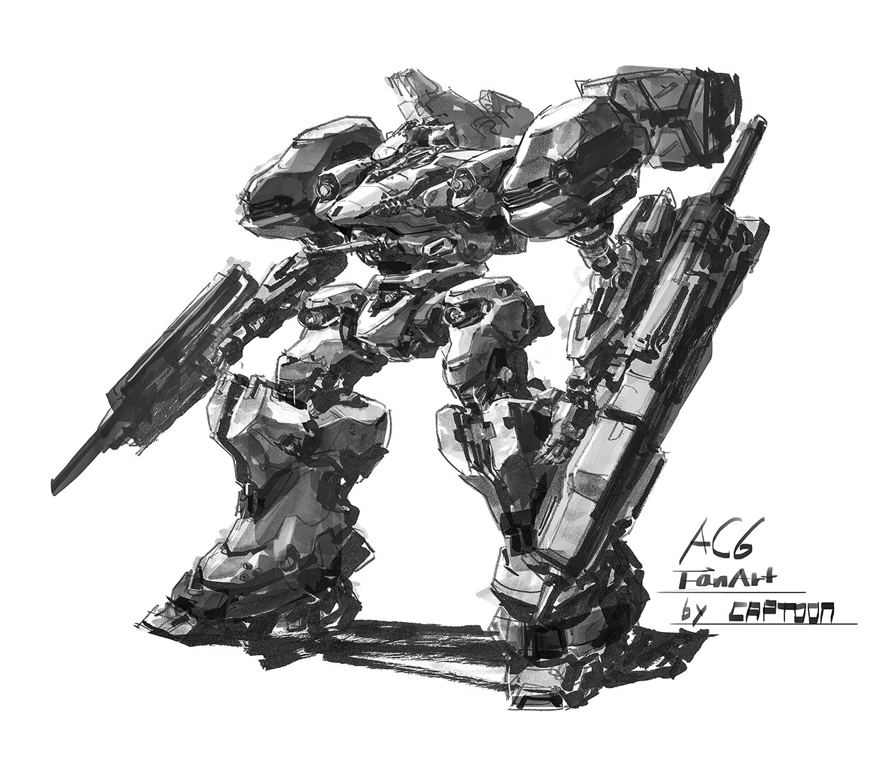 a black and white illustration of a detailed robot. the robot is standing on two legs with its arms extended. the robot appears to be holding large weapons. the image is titled "ac6 fanart by cartoon" at the bottom.