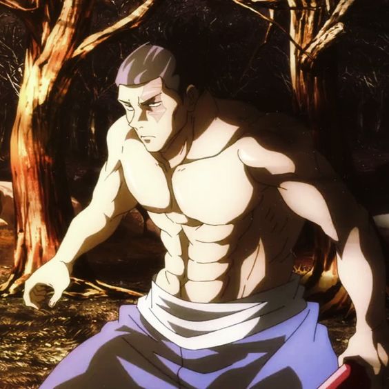 a shirtless and muscular anime character with short, dark hair and a serious expression. he is set against a backdrop of a dark and ominous forest at night. he seems to be holding something red in his right hand.  the use of shadows and highlights accentuates his physique.