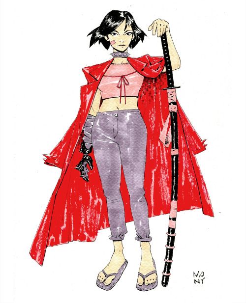 this illustration features a young anime woman with short black hair. she is wearing a long, red coat, grey pants, and flip flops. she is holding a katana and looks confident and stylish. the art is hand drawn with a watercolor style.