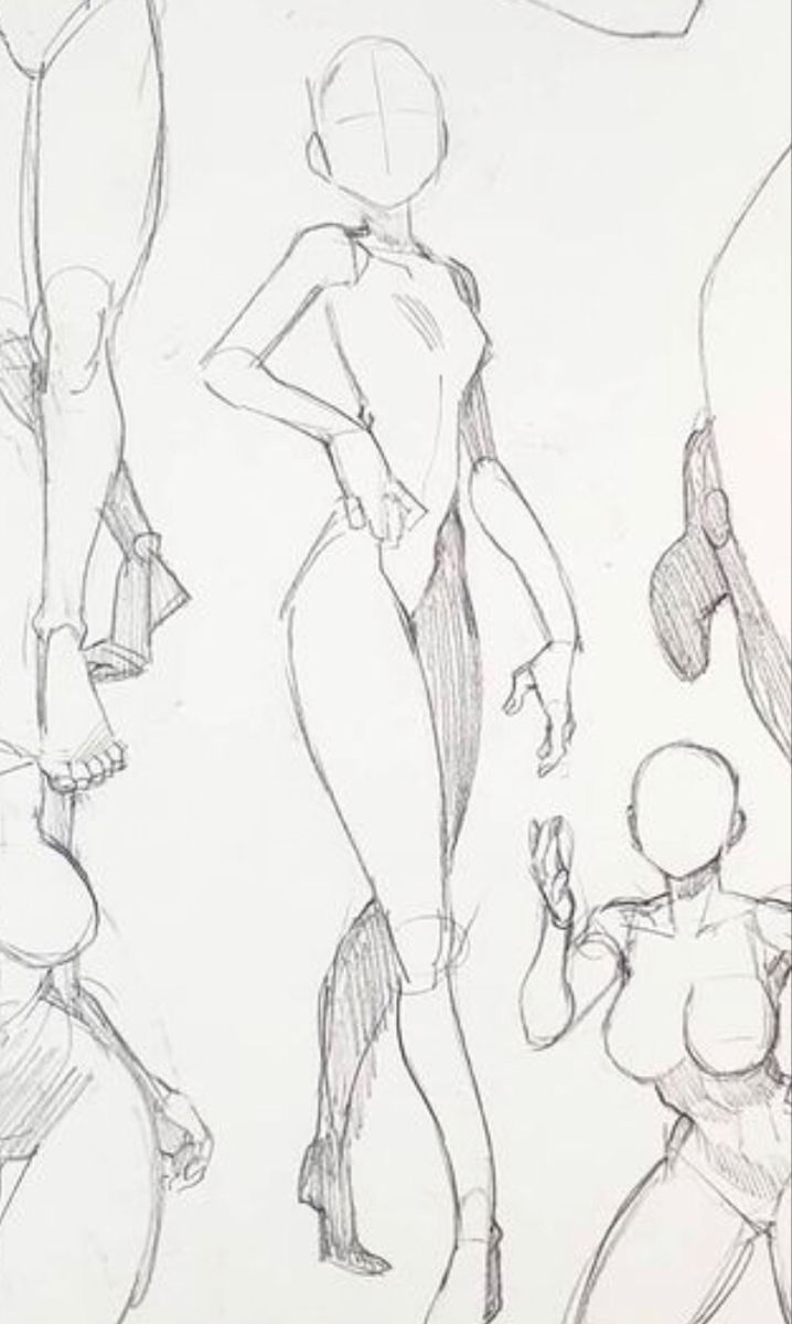 a pencil sketch of four female figures in different poses. they are all drawn in a simple, abstract style. the figures are mostly outlines with some shading to indicate form. one figure is a more complete illustration showing the entire body, with the others being partial figures with different angles of their bodies.