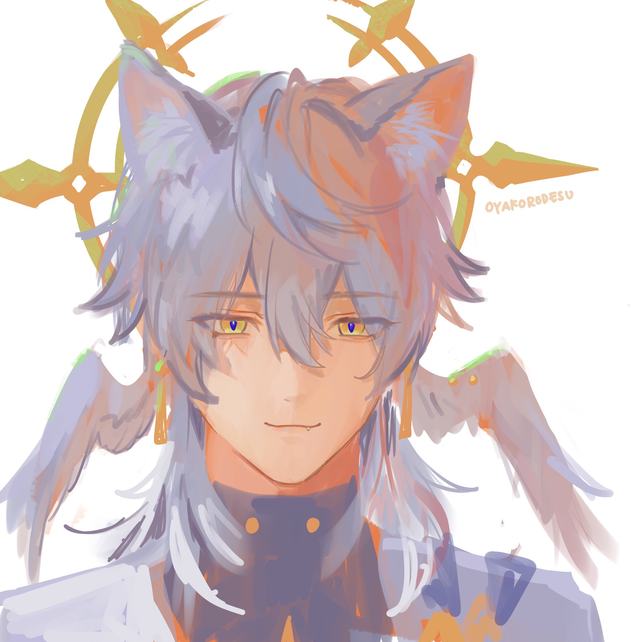a digital illustration of a male anime character with long white hair, purple eyes, cat ears, and wings. he is smiling and wearing a halo with golden accents. the background is a simple white.