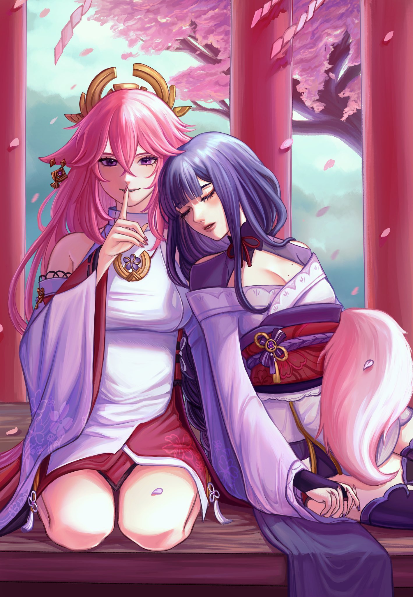 two anime girls are sitting on a bench. the girl on the left has pink hair and is wearing a white dress with a red sash. the girl on the right has purple hair and is wearing a purple and white dress with a red sash. they are surrounded by cherry blossoms. the girl on the left is looking at the viewer with a mysterious expression. the girl on the right has her eyes closed and appears to be sleeping. they both have long, flowing hair. the girls are surrounded by a peaceful atmosphere.