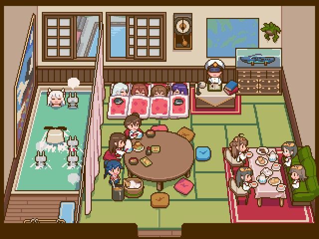 the image is a pixel art style room scene featuring various activities. in one section, girls are in beds sleeping. near them, a desk with a figure in a hat and a map and clock on the wall. in another area, girls are sitting around a table eating. there's also a bathing area where figures are in the water. additionally, there's a couch with more girls on it.