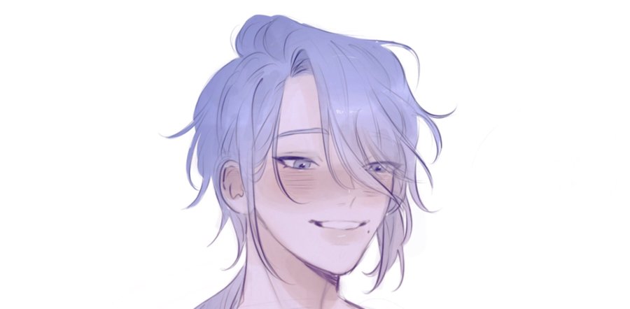 a closeup portrait of a young anime boy with purple hair smiling, looking happy and blushing. he has a soft and gentle expression. the background is white.