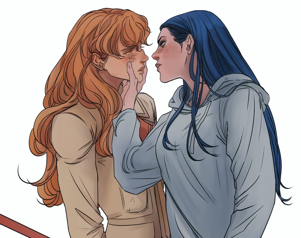 a digital illustration depicts two women sharing an intimate moment. one woman, with long, wavy red hair, is wearing a tan jacket. she appears to be crying. the other woman, with long dark blue hair and wearing a light blue hoodie, gently holds her face, her expression a mix of concern and affection. their eyes meet, suggesting a deep emotional connection. the background is plain white, emphasizing the focus on their relationship and emotional expressions.