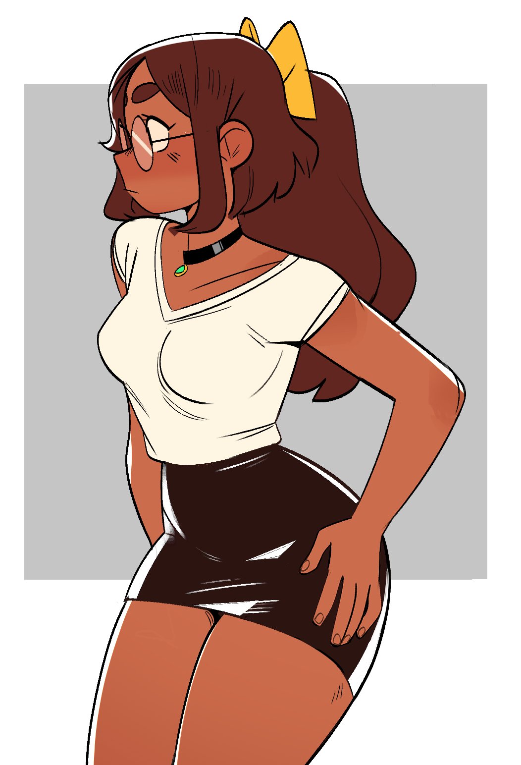 this digital illustration depicts a cartoon girl with brown hair and glasses in a casual outfit. she has a white shirt and a short black skirt. she has a ponytail and a yellow bow in her hair. she is standing and looking away from the viewer.