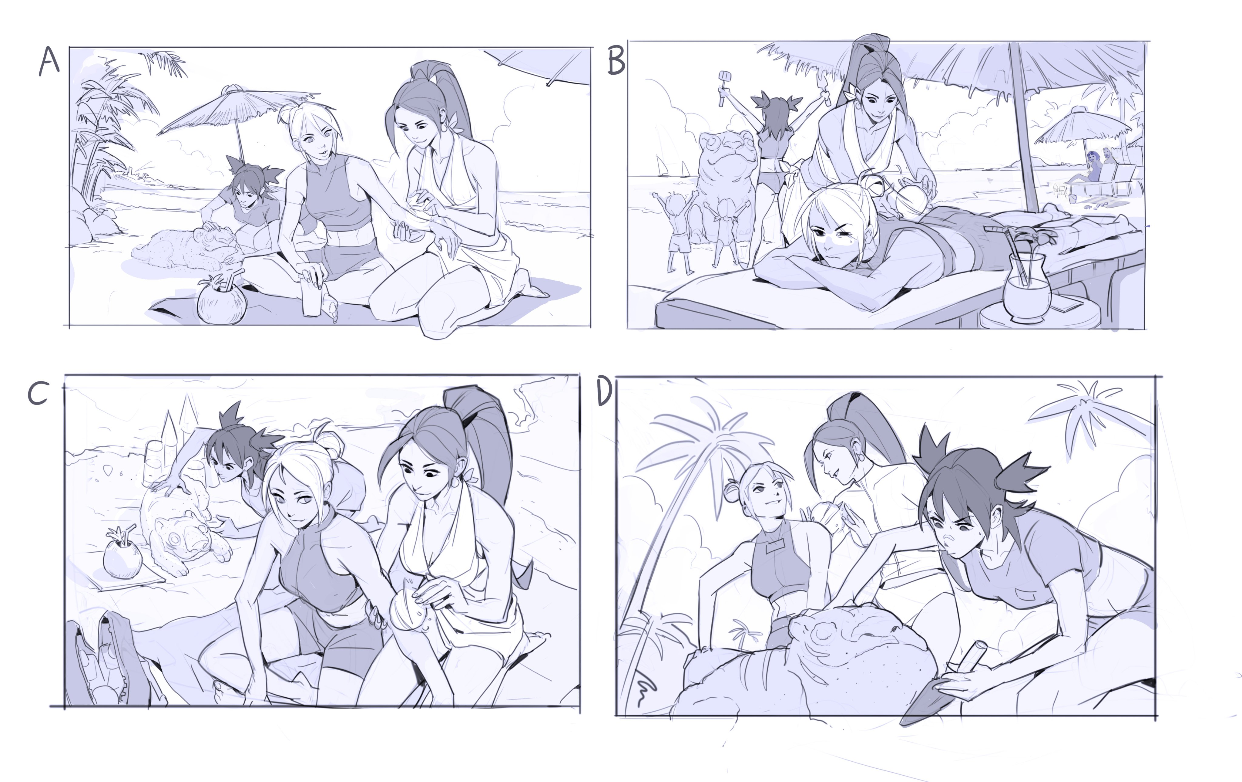 the image consists of four panels, likely storyboards or concept art panels, depicting a group of animestyle girls enjoying a beach vacation.  each panel shows different scenes:  panel a shows three girls relaxing on the beach, one receiving a massage. panel b depicts a larger group of girls, one receiving a massage. panel c shows a group of girls building a sandcastle. panel d features girls interacting on the beach near a large rock formation.  all panels are rendered in light blue/grey tones, suggesting a preliminary sketch or concept phase. the style is distinctly anime/manga influenced, characterized by exaggerated features and dynamic poses.