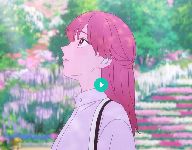 a pinkhaired anime girl with blushing cheeks stands amidst a colorful garden, her gaze lifted towards the sky. she wears a white collared shirt, a black strap over her shoulder, and an earbud. the background explodes with wisteria and tulips in vibrant hues, creating a soft, dreamy atmosphere.