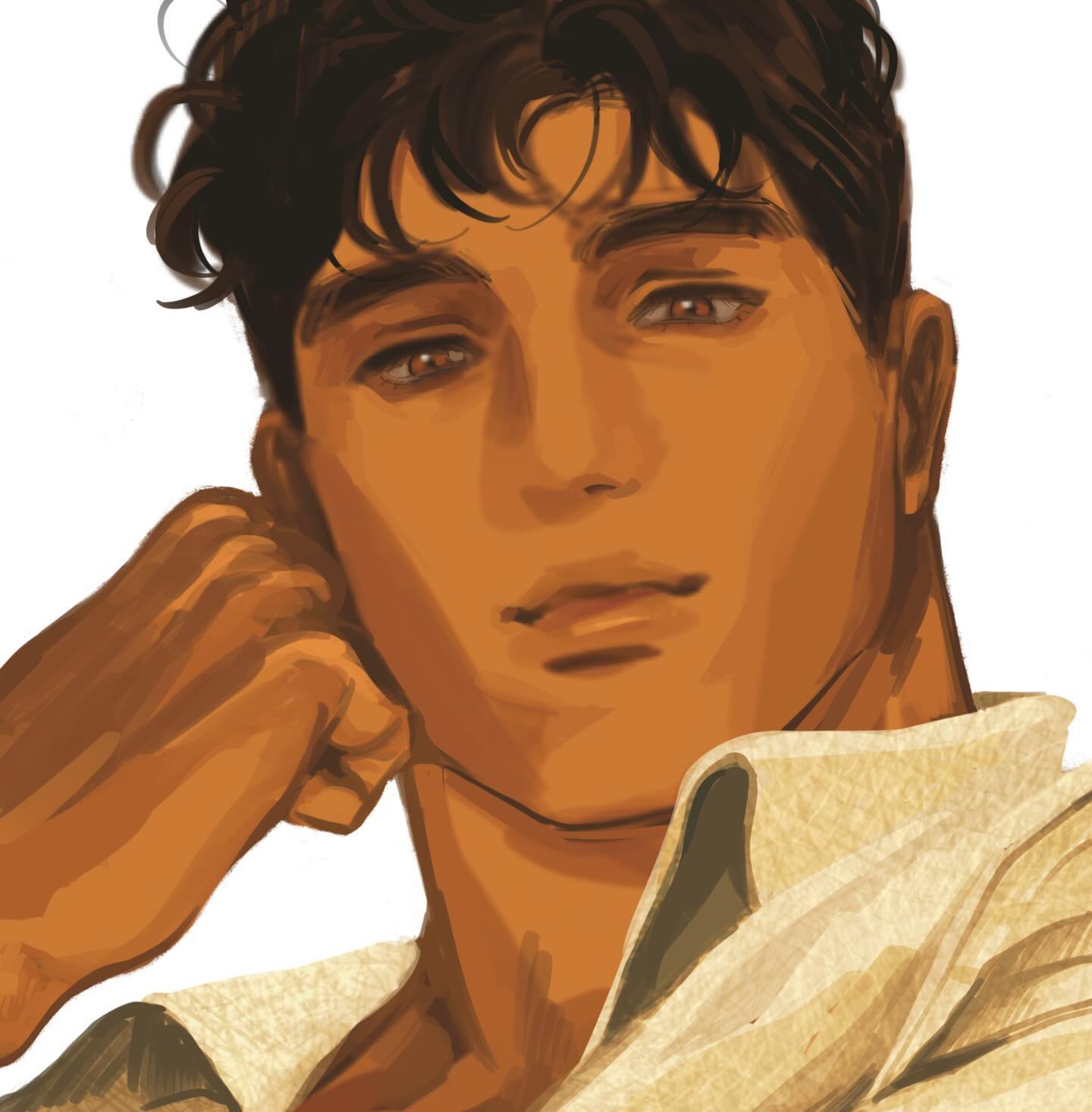 the image is a stylized, almost painterly portrait of a handsome, muscular man with dark, curly hair and olive skin.  he is shown from the chest up, with his hand gently touching his face near his ear. he's wearing an opencollared, light beige or tan shirt. the style of the artwork is smooth and slightly impressionistic, with warm, golden tones dominating the color palette.  the overall mood is sensual and relaxed, with a hint of pensiveness in his expression.  the focus is on the man's attractive features and physique.