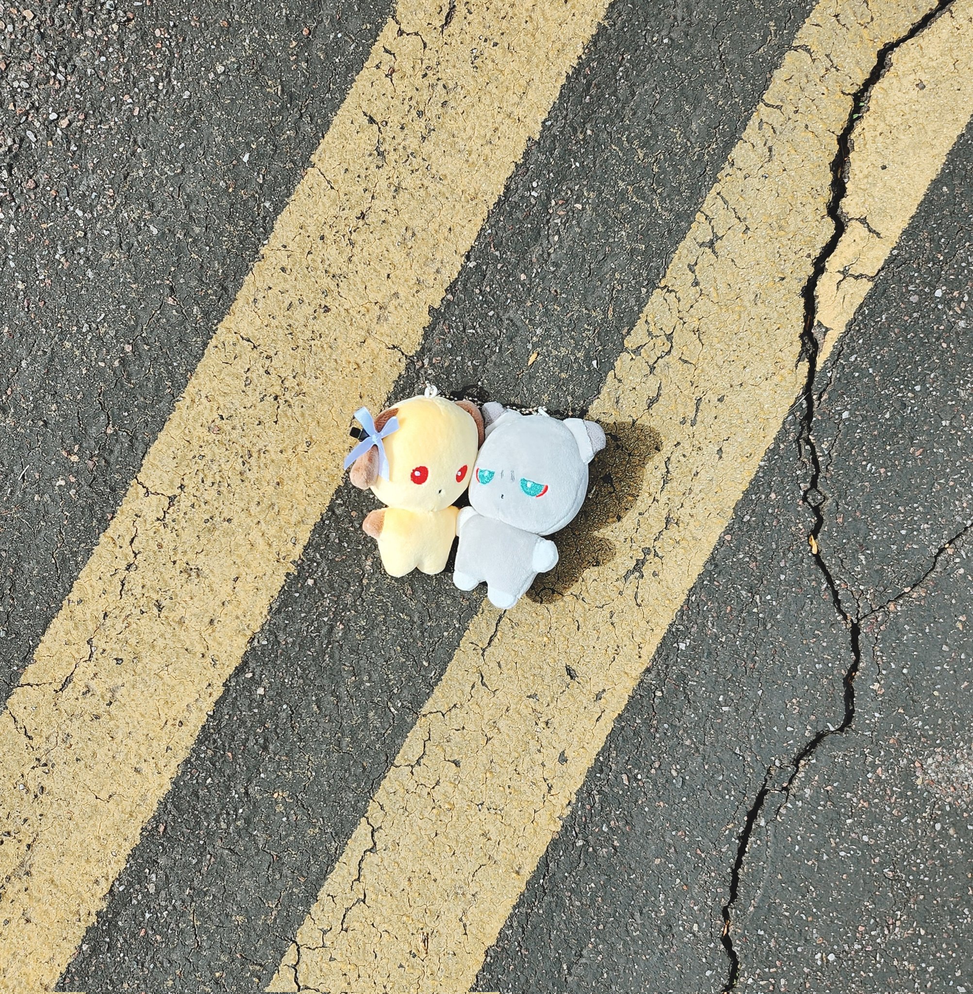 a yellow plush toy with blue bow and a grey plush toy with blue eyes are sitting next to each other on a black asphalt road with yellow lines, with sunlight reflecting off the road, casting a shadow of the toys. the toys are placed in the middle of the photo with one yellow line on the left and another on the right. the yellow line on the left side of the photo is going up and the one on the right is going down. there is a crack in the asphalt that goes through the middle of the photo from the top to the bottom.