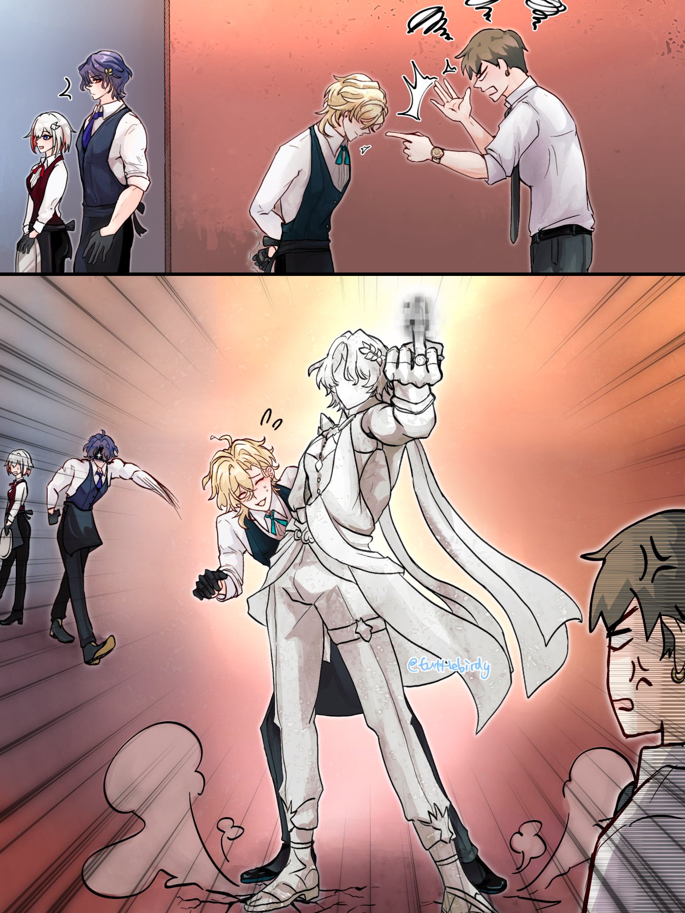 the image is a multipanel digital illustration in the style of anime or manga.  the first panel depicts a scene in what appears to be a restaurant.  two waiters (one with purple hair, one with blonde) are interacting with a female customer, with a blondehaired waiter appearing to be scolded by another man with brown hair. the following panels show a dynamic action scene where a character in white clothing is kicking another blondhaired character. a third person in the background, with brown hair, is witnessing the fight with an angry expression. the overall style is expressive, with exaggerated poses and effects to depict action and emotion.  the art style suggests a story is being told, possibly with elements of conflict or humor.