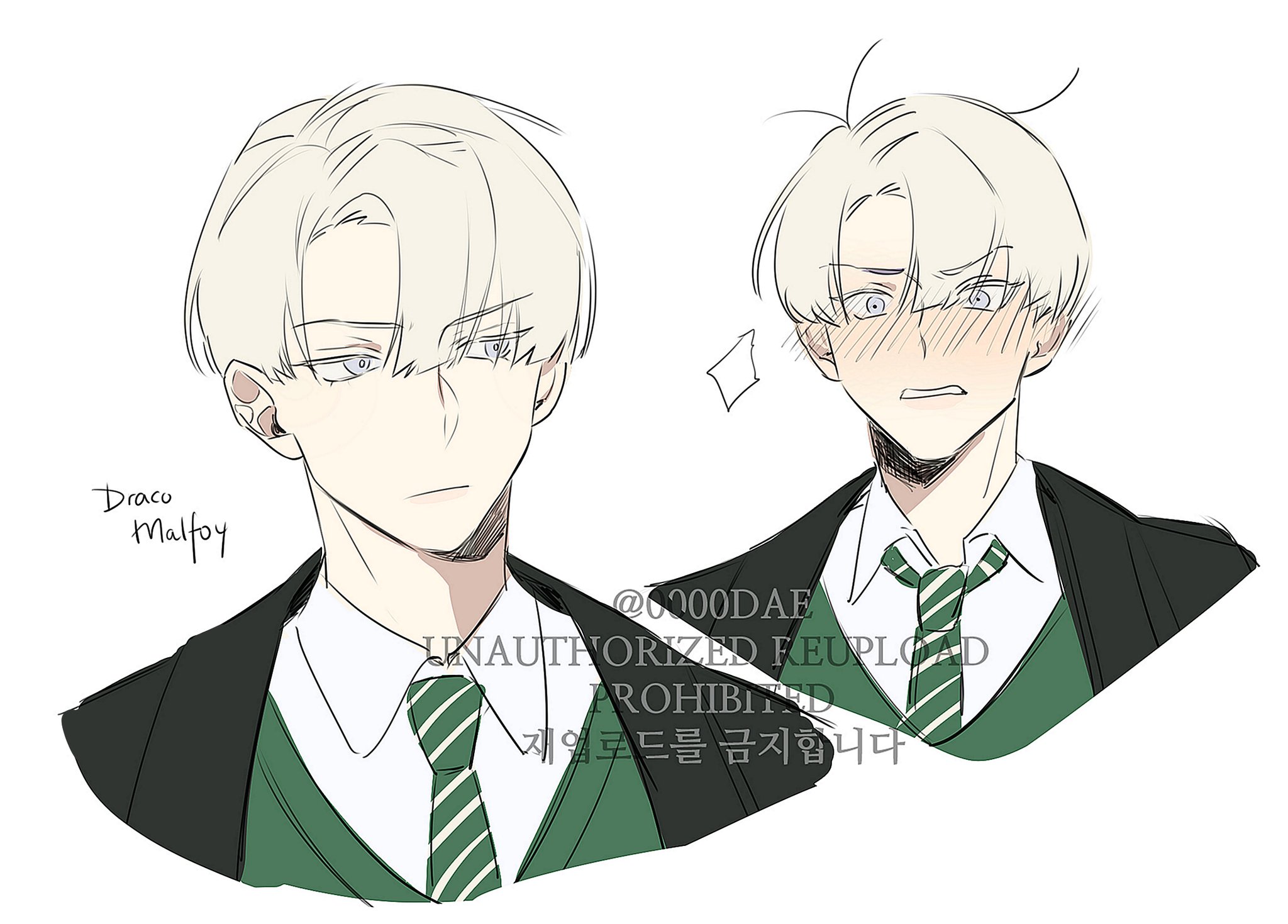 the image shows a fanart illustration of draco malfoy from the harry potter series. it features two sketches of him: one with a serious expression and a side profile view, and another with a blushing expression. both sketches are in a similar style, with soft lines and shading.  he's depicted wearing the slytherin school uniform, complete with a green tie.  the artist's watermark is visible.