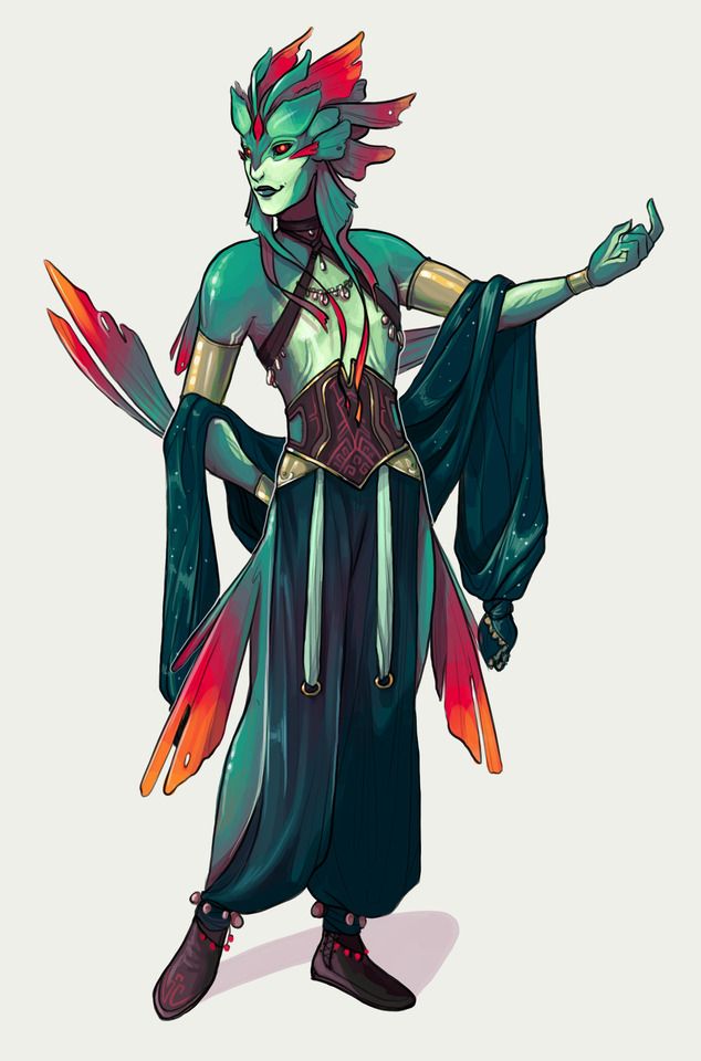a digital painting of a female fantasy creature with scales and fins. she has green skin, blue hair, and red and orange fins. she is wearing a blue robe with gold accents and jewelry. she is standing with her right hand raised and her left hand on her hip.