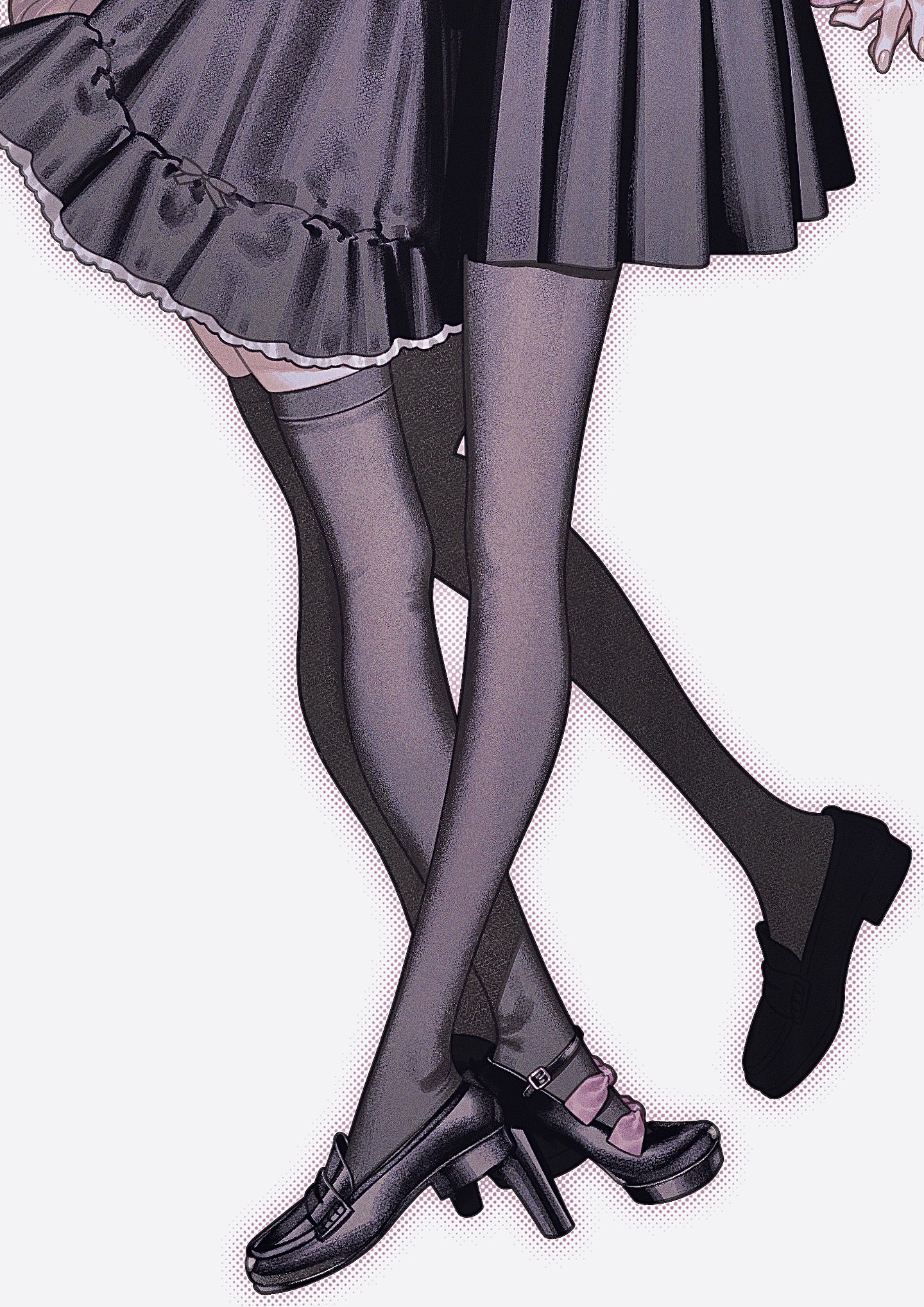 the image is an illustration of two anime girls' legs intertwined. they are wearing dark purple and black skirts, stockings, and shoes. the style is reminiscent of lolita fashion. the overall tone is dark and elegant.