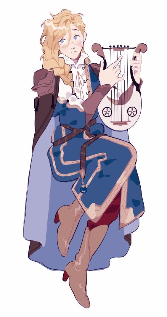 a digital illustration of a female fantasy character. she has blonde hair, blue eyes, a blue dress, and a gold belt. she is holding a white lyre,  and is looking straight at the viewer with an expression of concentration and grace.  the art style is a mix of realism and anime.  she has soft rounded features with bright eyes, and a delicate face.