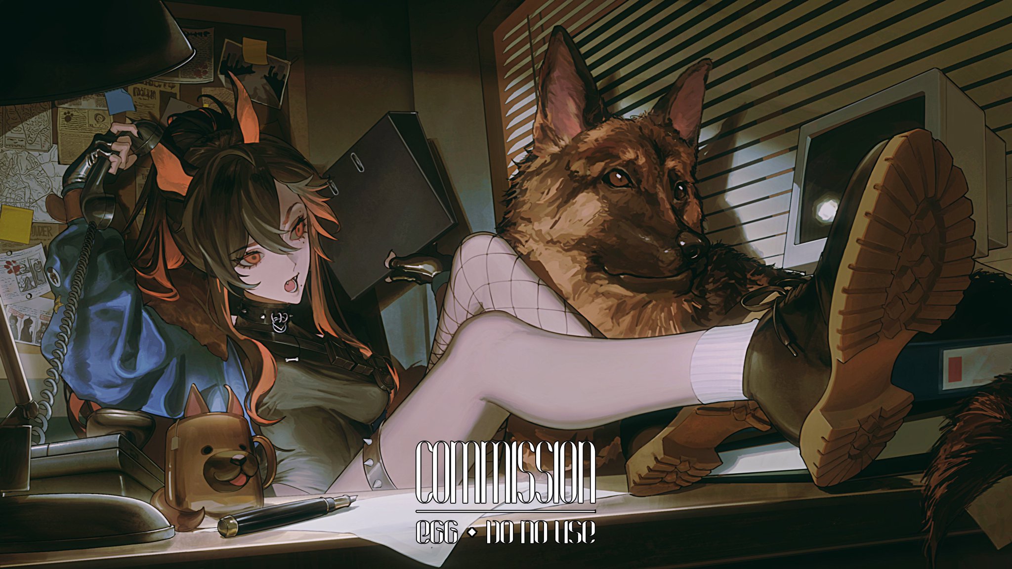 the image is a digital painting or illustration of an animestyle female character with orangetipped hair and horns, dressed in a blue jacket and fishnet stockings. she is sitting at a desk with a german shepherd dog beside her, using a rotary phone, and appears to be in a detective's or investigator's office. the overall mood is dark, mysterious, and stylish, with a cyberpunk or scifi feel.  the image has the watermark "commission egg • do not use" indicating it is commissioned artwork not for public use.