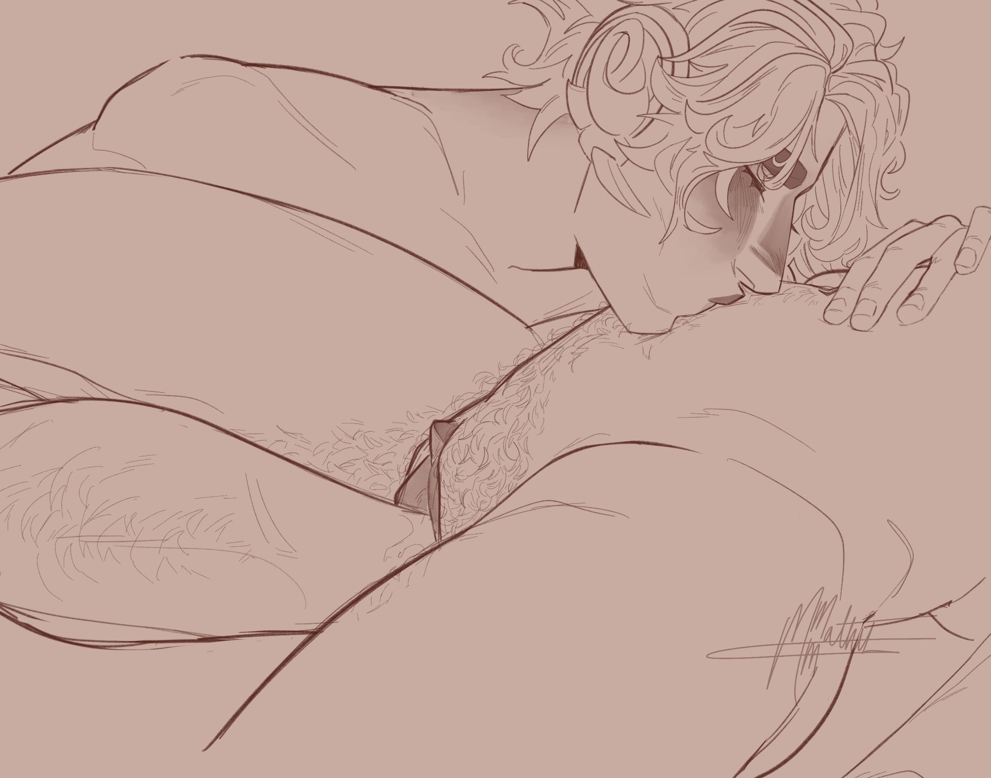 the image is a digital sketch or drawing depicting two men in a close and intimate embrace.  the style is sensual and suggestive but not explicitly graphic. one man, with curly hair, is leaning over the other, their bodies intertwined. the drawing uses soft, brown lines on a pale background, suggesting a warm and intimate atmosphere.  body hair is visible on one of the figures. the overall mood is romantic and suggestive of a close physical relationship. the drawing is unfinished, retaining a sketchlike quality.