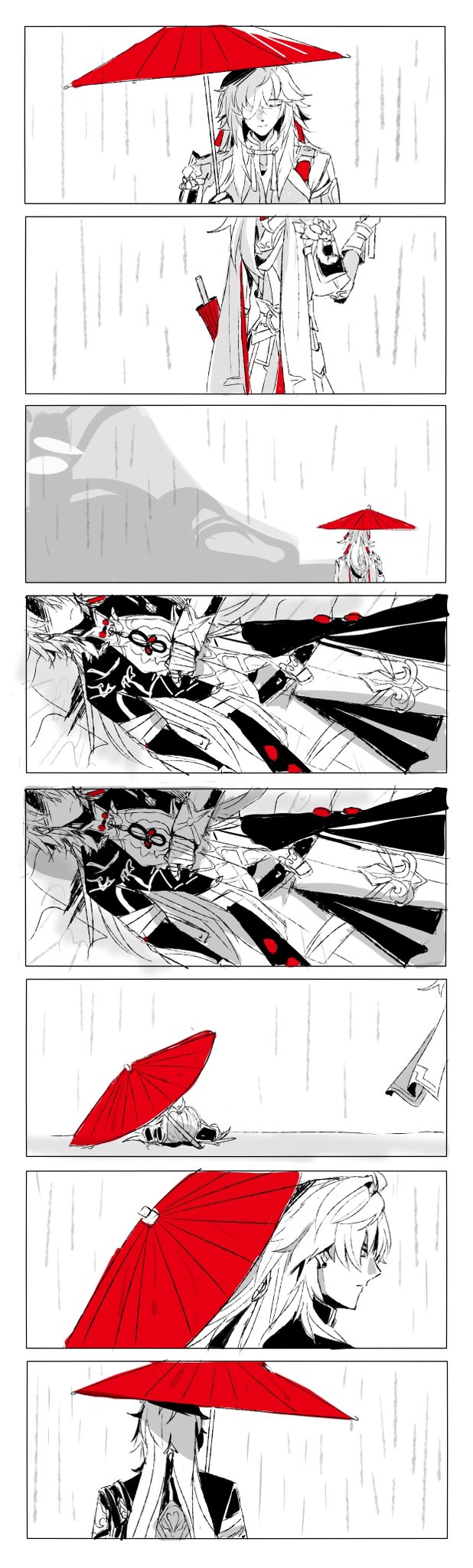 this is a mangastyle illustration showing a series of panels depicting a couple in a rainy setting. the first panel shows a male character holding a red umbrella over a female character. the following panels show the characters separately, often under the red umbrella or with red umbrellas around them. they are all drawn in black and white, with the red umbrellas providing the only color. the tone of the panels seems melancholic, suggesting a loss or separation. it may depict a memory or a flashback, highlighting the impact of their relationship.