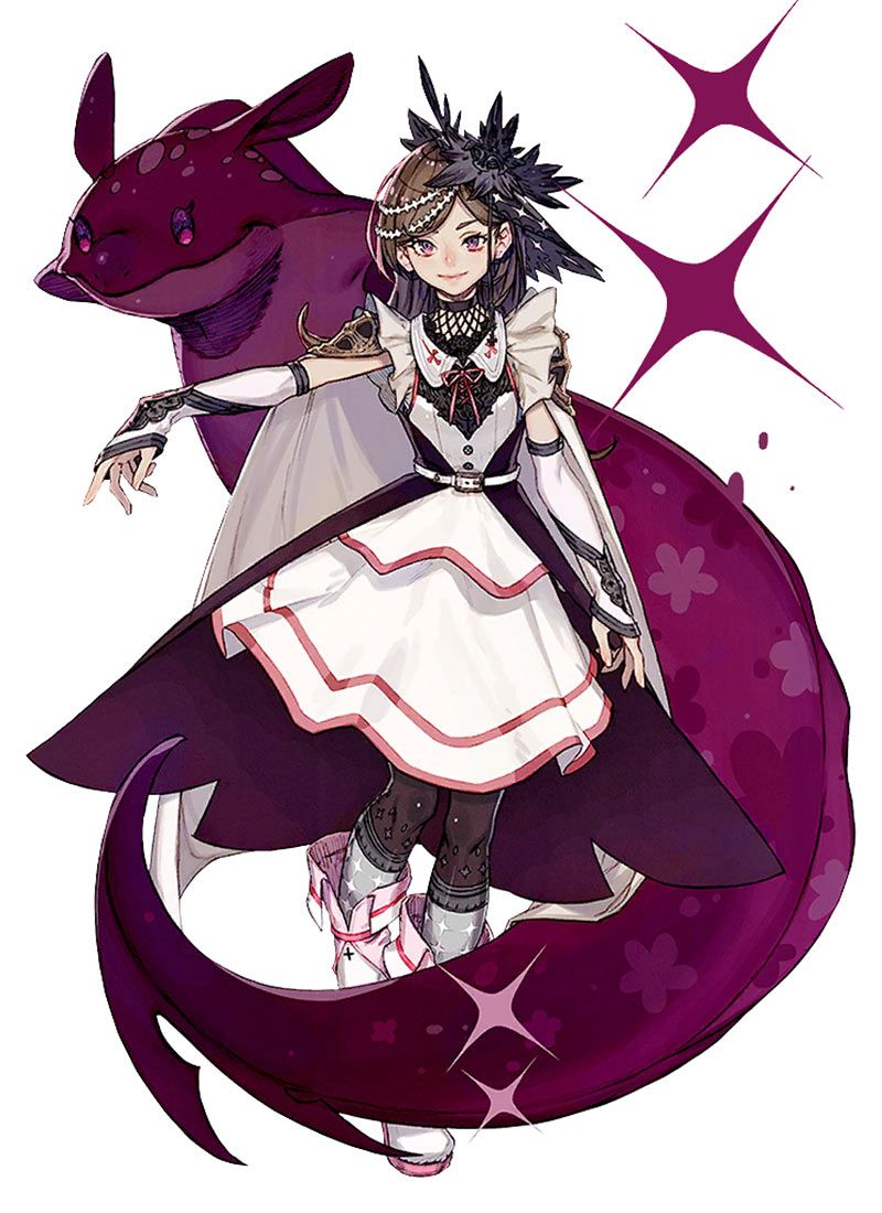 the image showcases a young woman in a stylized, fantasyinspired outfit. she wears a primarily white dress with red accents and a ruffled skirt, paired with black tights and white boots adorned with pink bows. a purple, shawllike garment drapes around her shoulders, complementing the dark purple of her creature companion. the companion, resembling a sleek amphibian with glowing eyes, wraps around her form. the girl's confident pose and cheerful expression, coupled with the sparkling accents surrounding them, evoke a sense of magic and adventure.