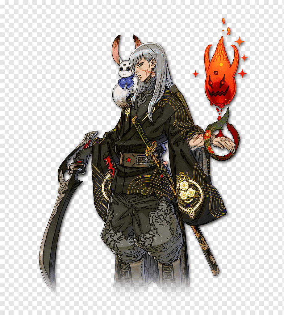a male character with long white hair, wearing a black and gold robe, stands while holding a flaming, angry spirit with his left hand. he wears a katana on his left hip and carries a large, curved sword in his right hand. a small, white rabbit with blue eyes sits on his right shoulder. the character is drawn in an anime style and appears to be a character from a video game.