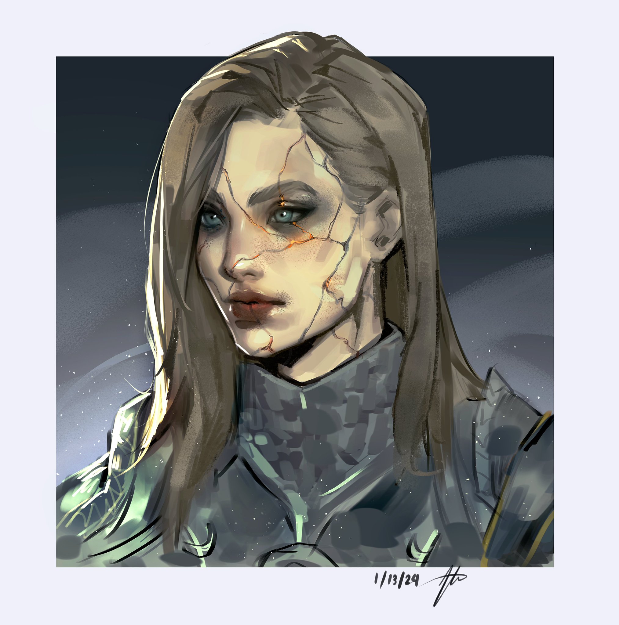 a digital portrait of a woman with cracks on her face, wearing armor. she has gray hair and blue eyes. the date and signature are in the bottom right corner.
