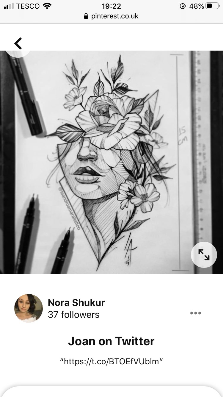 a black and white sketch of a woman's face partially obscured by a geometric design and flowers, including a prominent rose. the drawing is done in a realistic style with intricate details and shading. the background is plain white, emphasizing the contrast of the black ink. the image appears to be a screenshot from pinterest, as indicated by the platform's interface elements at the top and bottom of the image.