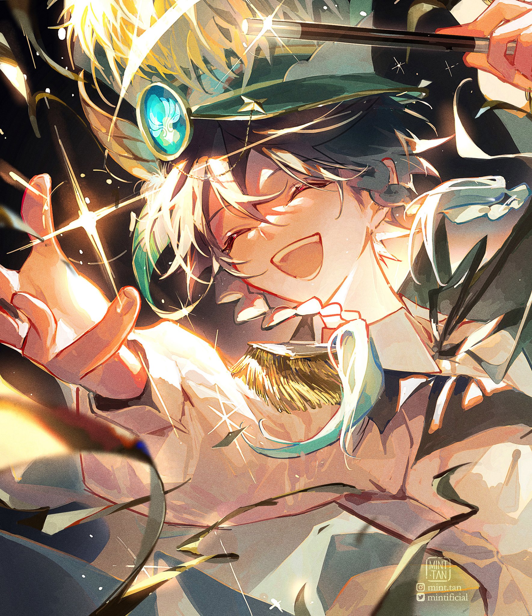 this image is a digital illustration of an anime boy dressed in a magical costume. he is smiling and laughing joyfully, with his arms outstretched as if he is performing a magic trick. the background is filled with sparkles and light, creating a magical and celebratory atmosphere.