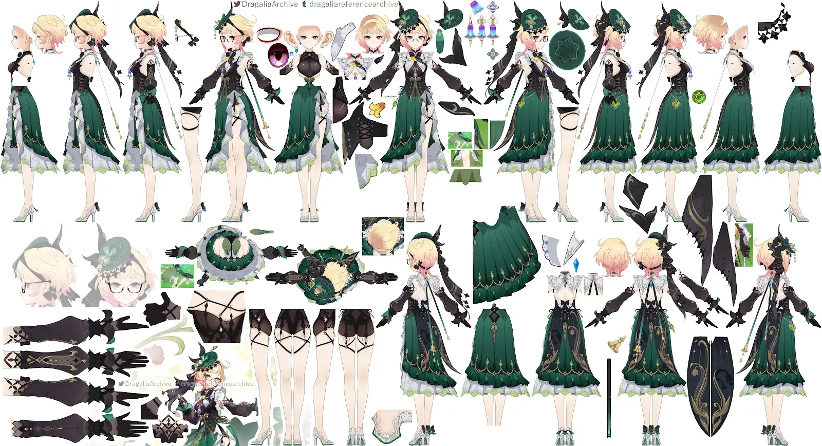 the image is a detailed character design sheet, likely for a video game. it showcases a female character with a green witchlike outfit, presented in multiple angles and poses. the sheet breaks down the character's attire into individual components, providing a comprehensive view of her clothing, accessories, and hairstyle.  multiple views show the character from front, side, back, and 3/4 angles, along with closeups of individual elements and different expressions.  the style is reminiscent of anime or mangainfluenced game art, commonly found in games like genshin impact.  the level of detail suggests its use for animation or game asset creation.