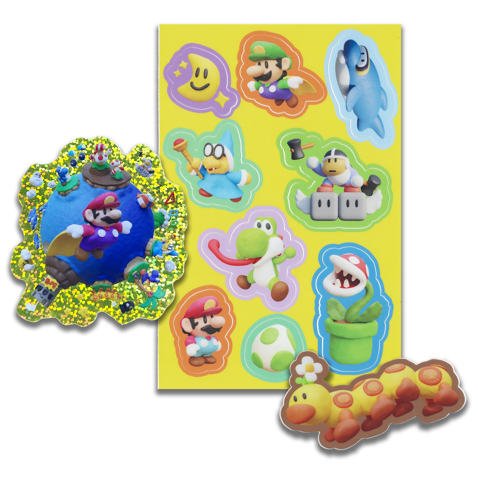 this image shows a sticker sheet and a few individual stickers from the super mario franchise.  it includes many popular characters like yoshi and mario.  the stickers feature bright colors and  are perfect for collecting and decorating items.