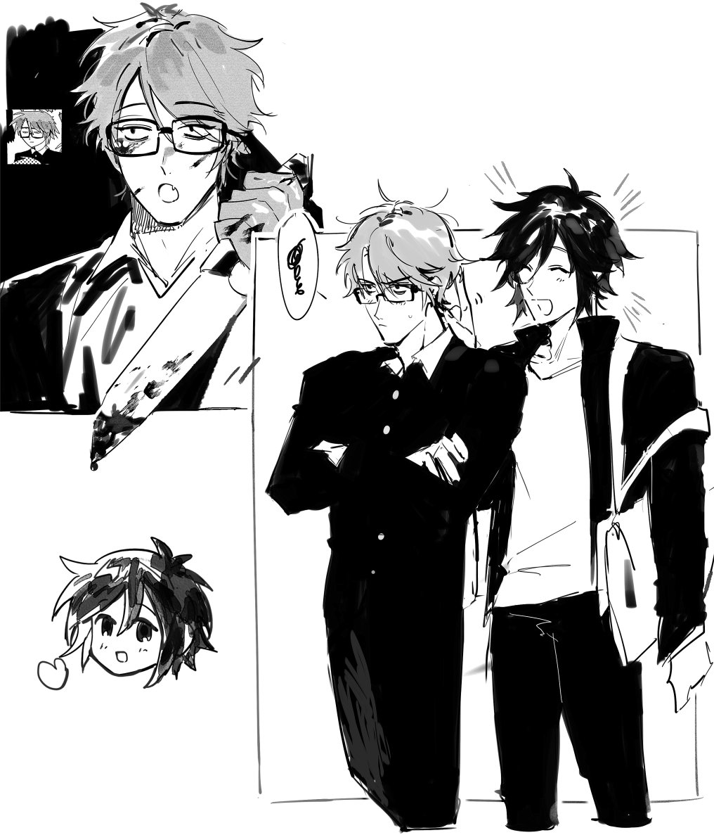 the image is a black and white illustration of four anime boys. the main focus is on two boys in the middle. one boy is wearing a school uniform and has his arms crossed, looking slightly annoyed. the other boy is wearing a casual jacket and a white tshirt and is smiling. the boy in the top left corner is holding a knife and appears to be surprised or startled. the boy in the bottom left corner is looking happy. all the boys are young teenagers. the image is set against a simple background. the style of the art is mangainspired.