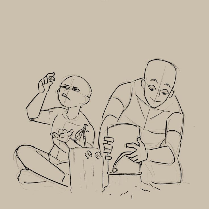 this is a black and white sketch of two people sitting down playing with sand and shells on the beach. the person on the left is looking at a shell they are holding and the person on the right is pouring sand from a bucket.