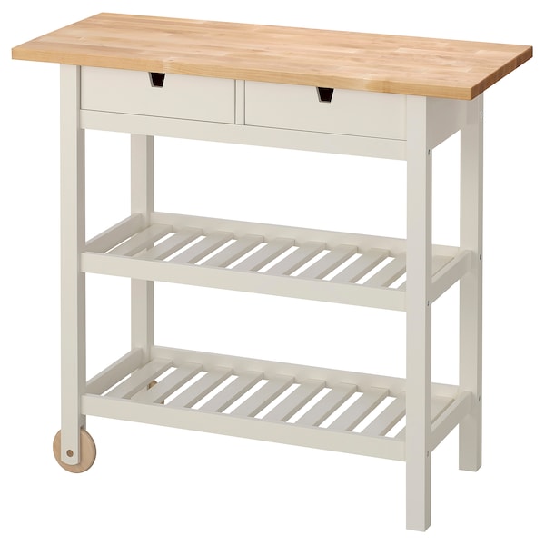 a kitchen island with a wooden top, two drawers, and two shelves. it has a white frame and a wooden wheel on one of the legs.