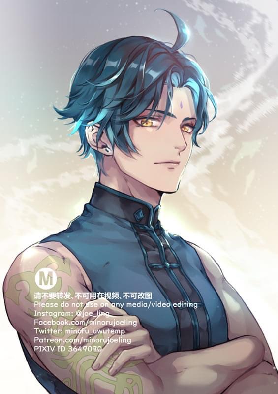this image is an illustration of a young man with blue hair and yellow eyes. he is wearing a blue and black chinesestyle shirt. he has a tattoo on his left arm. the background is a blurry light blue and white. the image is drawn in a manga style.