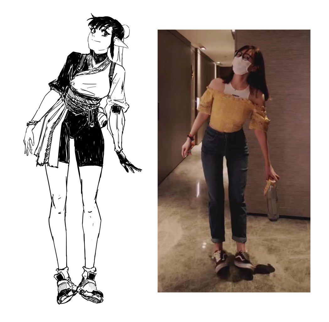 the image shows a sidebyside comparison. on the left is a handdrawn illustration of a stylized female character in anime/manga style, wearing a shortsleeved top, shorts, and boots.  she has elflike ears.  on the right is a photograph of a real person wearing a similar outfit; a yellow offtheshoulder top, jeans, and sneakers. the woman in the photograph is wearing a face mask and is in a hotel hallway. the image clearly illustrates a design process, showing how a reallife image might inspire a character design.
