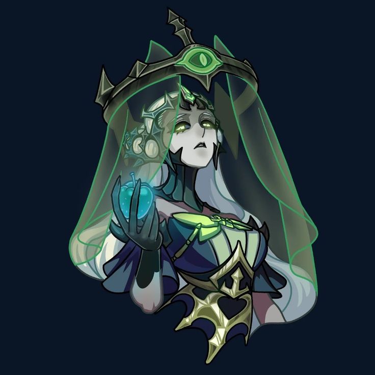 the image is a digital illustration of a stylized female character, possibly a queen or sorceress. she is depicted from the chest up, wearing an elaborate, darkcolored gown adorned with gold accents. her crown features a central, glowing green eye.  she is veiled in a translucent green material that adds to her ethereal presence.  she holds a glowing green apple in one hand. the art style is a blend of anime and fantasy, with sharp lines and rich color palettes dominated by dark greens, golds, and purples. the background is a solid dark teal. the overall mood is mysterious and powerful.