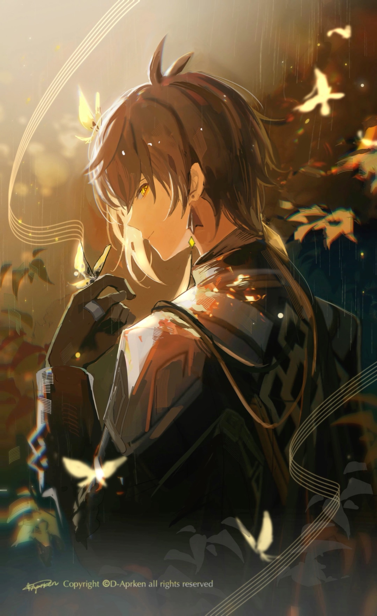 the image is a digital artwork depicting an anime male character with long brown hair and golden eyes. he's wearing black and white clothing with golden jewelry. the background is a sunset scene with trees and leaves.  there are butterflies and music notes flying around him, adding a fantasy element to the image.