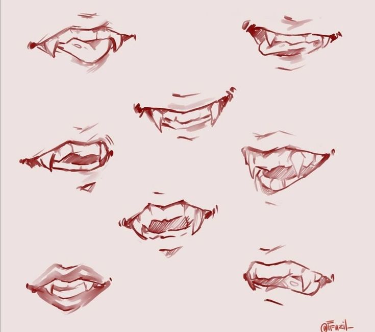 the image is a drawing reference sheet, depicting various ways to draw a mouth with fangs. there are eight different mouths shown, each with a unique shape and expression. the artist has used a light, sketchy style, and the drawings are all in shades of red.