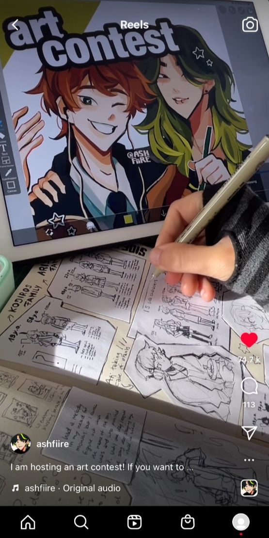 the image shows a person participating in an art contest. on a tablet screen, there's a digital illustration of two animestyle characters. the person is sketching on a notebook with a stylus, working on their own entry for the contest.  reference sketches of different characters and poses appear on the pages. the bottom of the image shows a social media post announcing the art contest hosted by "ashfiire."  the overall scene is a blend of digital and traditional art methods.