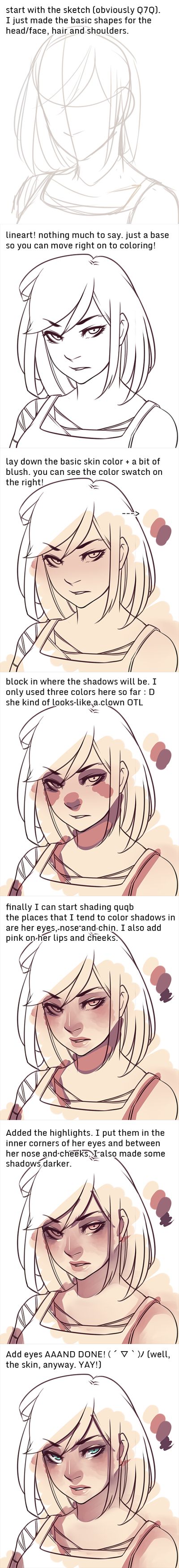 the image is a digital art tutorial on how to draw an animestyle character's face. it showcases a stepbystep process, starting from a rough sketch and progressively adding details, shading, and highlights. the tutorial focuses on facial features, hair, and the use of soft lighting to create a gentle and appealing look.