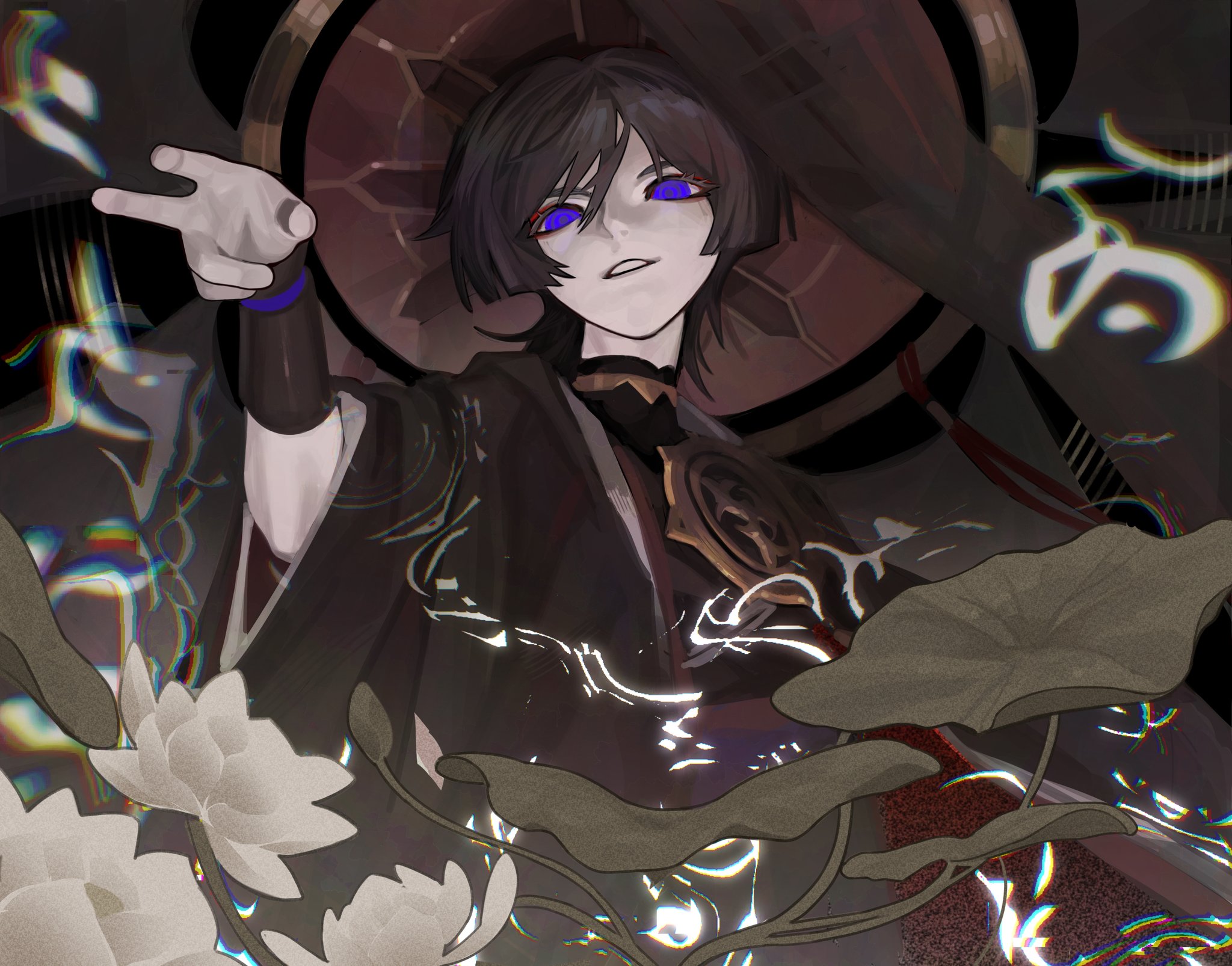 this digital art piece depicts a young male anime character with long, dark hair and blue eyes. he is wearing a traditional japanese kimono with elaborate floral patterns. the character is illuminated by a magical glow, creating a mystical atmosphere. the scene is set against a backdrop of water, with reflections and flowers visible. the overall impression is one of mystery and enchantment.