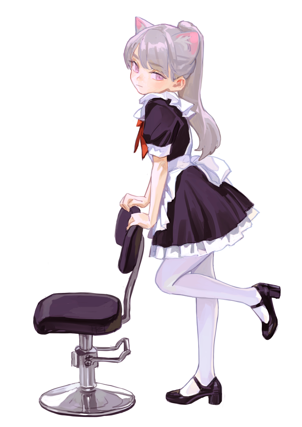 an anime girl with silver hair and light pink eyes is wearing a black maid costume with a white apron and a red bow tie. she has cat ears and is standing next to a black chair with one leg up, wearing white tights and black heels.