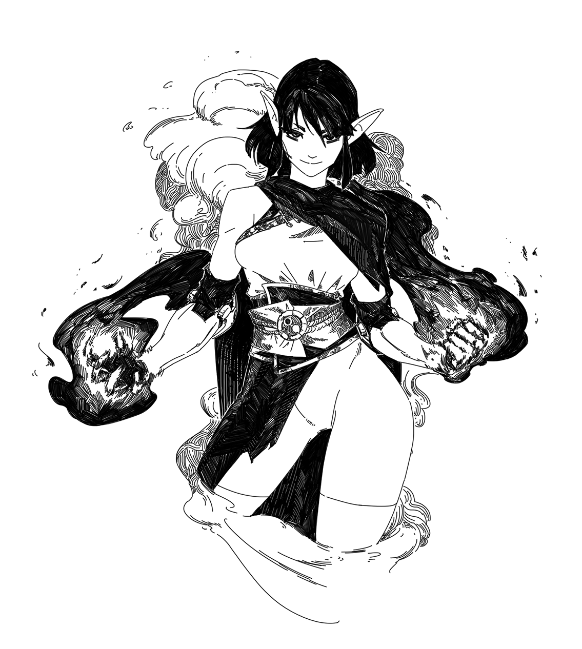 he image is a black and white ink drawing of a female elf sorceress. she is depicted in a powerful pose, with her hands outstretched, seemingly manipulating dark, smoky fire.  her attire consists of a flowing dress and cape, suggesting a mystical or magical character. the style is detailed and intricate, with a focus on line work and shading to create depth and texture. the overall feel is dark, elegant, and powerful, evoking a sense of fantasy and mystery.  the background includes swirling smoke or mist, adding to the ethereal atmosphere.