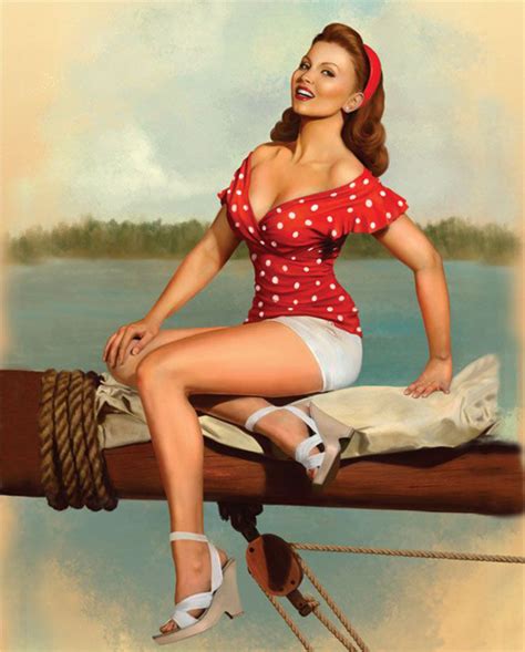 the image is a vibrant pinup style illustration or painting of a beautiful redhead woman. she's wearing a red polka dot top and white shorts, and white wedge heels. she sits seductively on a wooden boat beam or railing, with nautical ropes visible. the background depicts a calm body of water with trees on the shore, creating a summery, idyllic scene. the style is reminiscent of classic pinup art from the mid20th century.  the overall mood is playful and sensual.